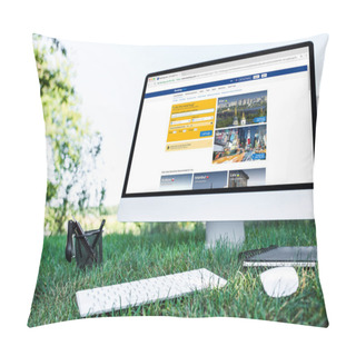 Personality  Selective Focus Of Textbook And Computer With Booking.com Website On Grass Outdoors  Pillow Covers