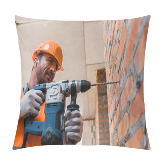 Personality  Handsome Man In Earphones Holding Hammer Drill Near Brick Wall Pillow Covers