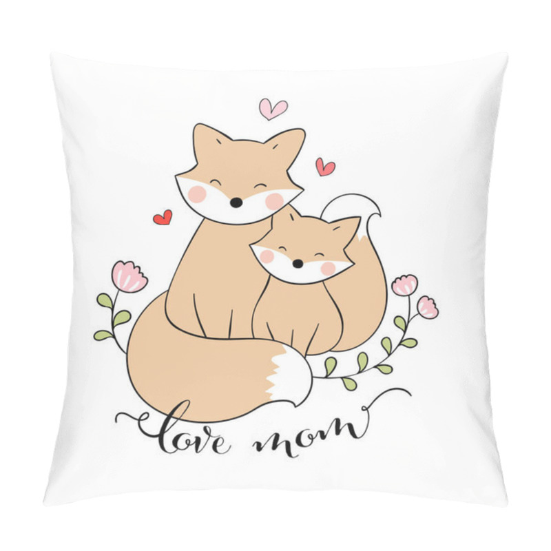 Personality  cute mom fox and baby with little hearts isolated on white background pillow covers