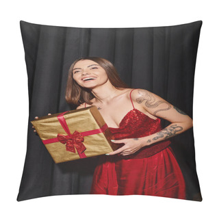 Personality  Happy Woman With Tattoos And Piercing Smiling With Black Curtains On Backdrop, Holiday Gifts Concept Pillow Covers