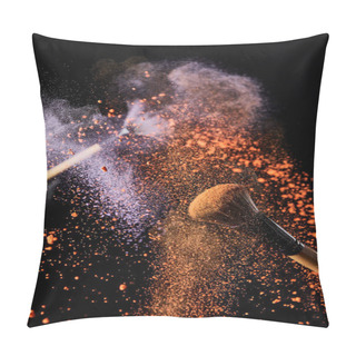 Personality  Cosmetic Brushes With Colorful Orange And Violet Powder Explosion On Black Background Pillow Covers