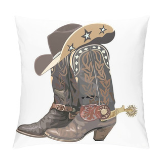 Personality  Pair Of Western Cowboy Boots With Spurs And Hat. Stylish Cowgirl Boots And Hat Embroidered With Traditional American Symbols. Realistic Vector Hand Drawn Illustration Isolated On White Background. Pillow Covers