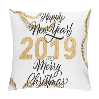 Personality  Top View Of 2019 Year Sign Made Of Golden Glitters And Garlands On White Backdrop With 