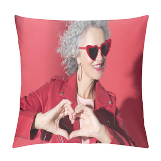 Personality  Woman In Red Sunglasses And Jacket Smiling Broadly Pillow Covers