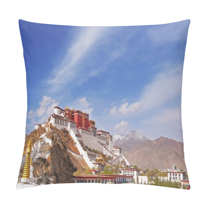 Personality  Lateral View Of The Potala Palace In Lhasa, Tibet, Surrounded By Green Vegetation, Against A Blue Summer Sky Covered By White Clouds. Pillow Covers