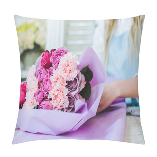 Personality  Cropped View Of Female Florist Arranging Bouquet With Pink Roses And Carnations Pillow Covers