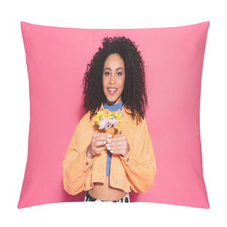 Personality  Happy African American Woman Holding Waffle Cone With Flowers On Pink  Pillow Covers