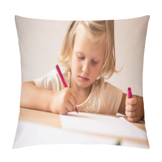 Personality  Serious Adorable Kid Drawing With Pink Felt Pen In Kindergarten Pillow Covers