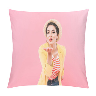 Personality  Cheerful Mixed Race Woman Sending Air Kiss At Camera Isolated On Pink Pillow Covers