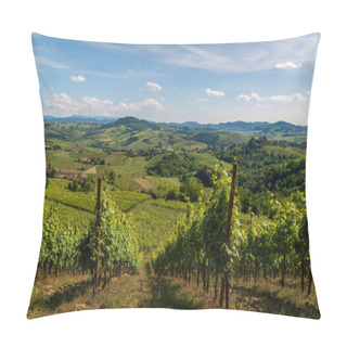 Personality  Oltrepo' Pavese Landscape Hills With Wineyards And Country Roads And Montalto Pavese Castle In The Background In A Sunny Day Pillow Covers