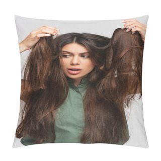 Personality  Dissatisfied Young Woman Looking At Tangled Long Hair Isolated On Grey  Pillow Covers