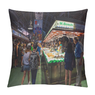 Personality  Barclona, Spain - July 24 2017: Mercat De Sant Josep De La Boqueria Public Food Market Landmark Interior Shops With Crowd In Catalonia. Pillow Covers