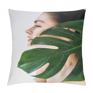 Personality  Young Woman Posing With Fresh Leaf Pillow Covers