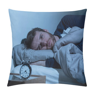 Personality  Sleepless And Desperate Young Caucasian Man Awake At Night Not Able To Sleep, Feeling Frustrated And Worried Looking At Clock Suffering From Insomnia In Stress And Sleeping Disorder Concept. Pillow Covers