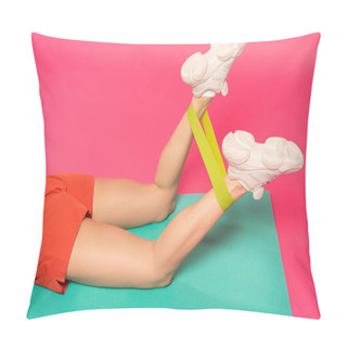 Personality  Cropped View Of Sportive Woman Working Out With Resistance Band On Pink  Pillow Covers