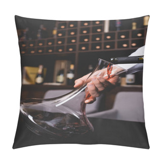 Personality  Cropped View Of Sommelier Pouring Red Wine In Decanter On Table Pillow Covers