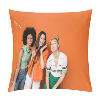 Personality  Multiethnic And Teen Girlfriends In Stylish Casual Outfits Looking At Camera And Posing Near Soap Bubbles While Standing On Orange Background, Teen Fashionistas With Impeccable Style Concept Pillow Covers