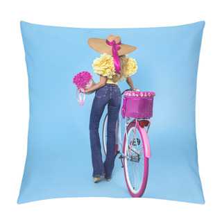 Personality  Attractive Blonde Beauty On Colorful Bike, Decorated With Flowers. Spring Concept. Beautiful Natural Woman In Jeans And Hat On A Bicycle. Girl With Bike In Sunny Day. Summer Fashion. Back View. Pillow Covers