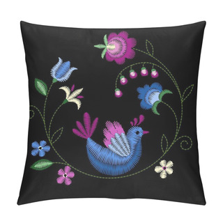 Personality  Embroidery Stitches With Swallow Birds, Wild Flowers For Neckline. Fashion Embroidered Ornament For Textile, Fabric Traditional Folk Decoration. Vector Illustration. Pillow Covers