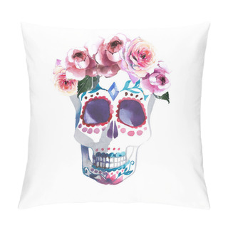 Personality  Beautiful Lovely Graphic Artistic Abstract Bright Cute Halloween Stylish Floral Skull With Roses Wreath Watercolor Hand Sketch. Perfect For Textile, Wallpapers, Wrapping Paper, Cards, Invitations Pillow Covers