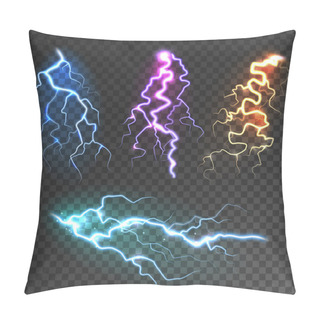 Personality  Realistic Lightning Collection On Transparent Background. Thunderstorm And Lightning Bolt. Sparks Of Light. Stormy Weather Effect. Vector Illustration. Pillow Covers