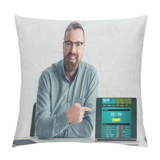 Personality  Handsome Businessman In Shirt Pointing With Finger At Laptop With Sports Bet Website  Pillow Covers
