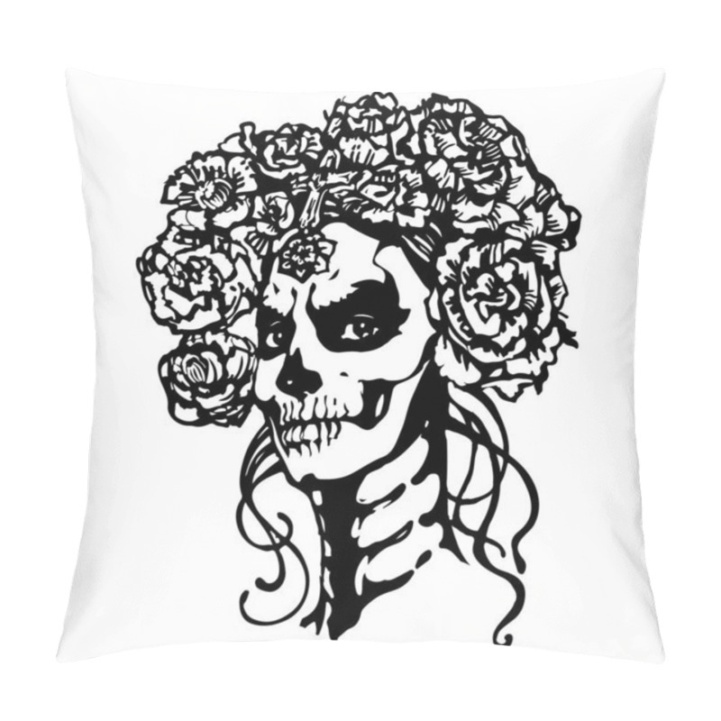 Personality  Sugar skull girl. Santa muerte face. Woman with halloween make up and roses wreath. Black and white Hand drawn stock vector illustration, tattoo sketch isolated on white background. pillow covers