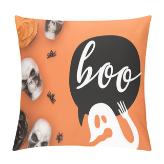 Personality  Top View Of Cupcakes, Decorative Skulls And Spiders On Orange Background With Boo And Ghost Illustration Pillow Covers