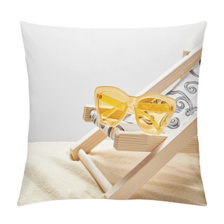 Personality  Yellow Sunglasses And Deck Chair On Sand On Grey Background Pillow Covers