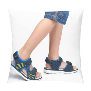 Personality  Kids Leather Sandals On Leg Isolated On A White Background. Pillow Covers