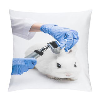 Personality  Cropped View Of Veterinarian Examining Rabbit Ears On White Background Pillow Covers