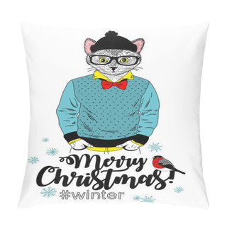 Personality  Merry Christmas Card With Funny Cat Animal In Modern Hipster Style. Pillow Covers