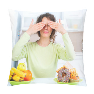 Personality  Dieting Concept. Young Woman Choosing Between Fruits And Sweets Pillow Covers