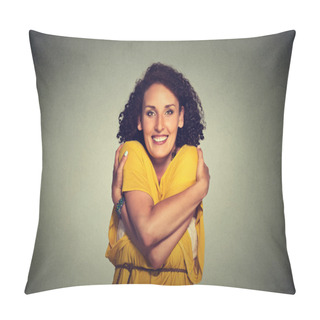 Personality  Happy Smiling Woman Holding Hugging Herself  Pillow Covers
