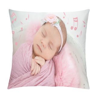 Personality  Cute Newborn Girl Lying In Baby Nest And Flying Music Notes, Closeup. Lullaby Song Pillow Covers