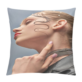 Personality  Close Up Of Beautiful Young Model With Trendy Pearl Pins In Hair And Red Lips On Grey Backdrop Pillow Covers