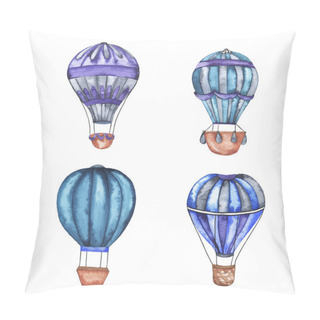 Personality  Set Of Hot Air Balloons With Blue And Violet Stripes Isolated On White Background. Hand Drawn Watercolor Illustration. Pillow Covers