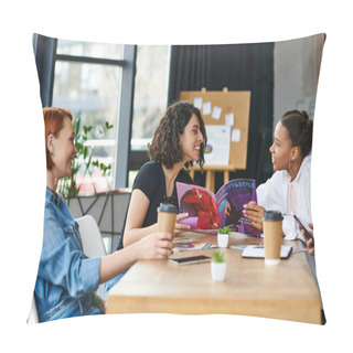 Personality  Redhead Woman With Coffee To Go Looking At Cheerful African American And Multiracial Girlfriends Reading Magazine And Having Fun In Women Club, Common Interests And Knowledge-sharing Concept  Pillow Covers