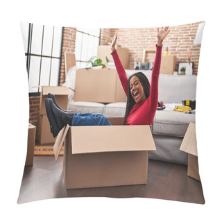 Personality  Young African American With Braids Moving To A New Home Inside Of A Cardboard Box Celebrating Victory With Happy Smile And Winner Expression With Raised Hands  Pillow Covers
