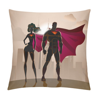 Personality  Superhero Couple: Male And Female Superheroes, Posing In Front O Pillow Covers