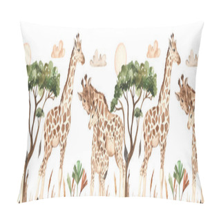 Personality  Giraffes In Savannah With Clouds, Acacia, Tropical Leaves Watercolor Seamless Border Pillow Covers