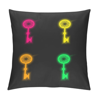 Personality  Antique Key Shape With Star Hole In The Middle Of Spirals In An Oval Four Color Glowing Neon Vector Icon Pillow Covers