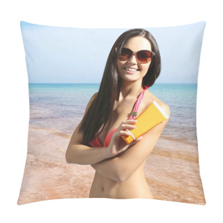 Personality  Woman With Sun Protection Cream On Beach. Skin Care Concept. Pillow Covers