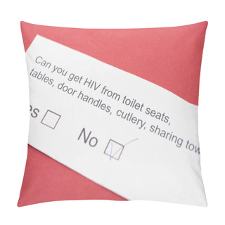 Personality   Paper Card With HIV Questionnaire On Red Background Pillow Covers