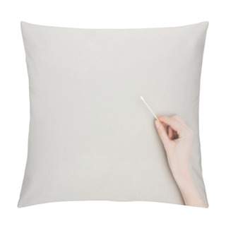 Personality  Cropped View Of Woman Holding Cotton Swab On Grey Background Pillow Covers