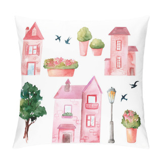 Personality  Set Of Cute Cartoon Watercolor Houses, Flower Beds And Trees, English Painting On White Background Pillow Covers