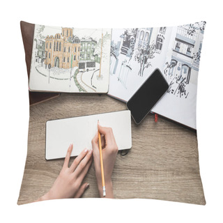 Personality  Top View Of Womans Hands Drawing On Paper, Albums With Paints And Smartphone On Wooden Background Pillow Covers