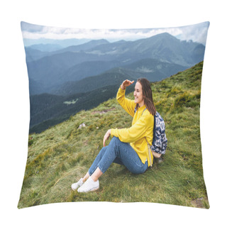 Personality  Attractive Hiker Woman In A Summer Mountains Pillow Covers