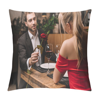 Personality  Cheerful Man Giving Red Rose To Girlfriend While Sitting In Restaurant  Pillow Covers