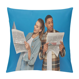 Personality  Happy African American Man And Pretty Caucasian Woman Reading News On Blue Backdrop, Newspapers Pillow Covers